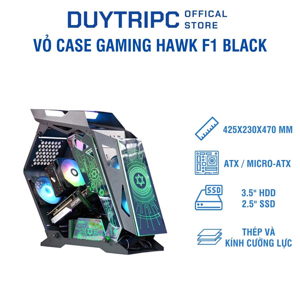 Vỏ Case Gaming Hawk F1 Black – Thiết Kế Gaming Mạnh Mẽ, Kính Cường Lực, Tối Ưu Tản Nhiệt, Giá Tốt
